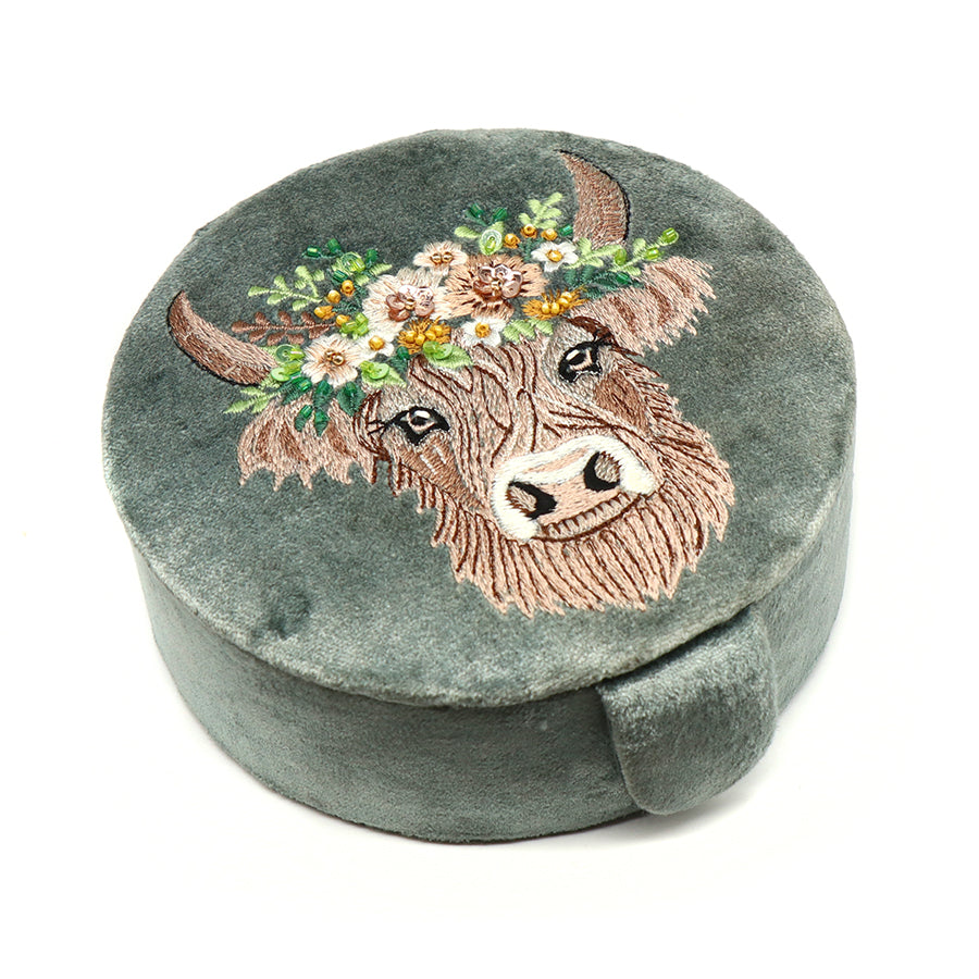 Seafoam Velvet Round Jewellery Box With Highland Cow In Flower Crown