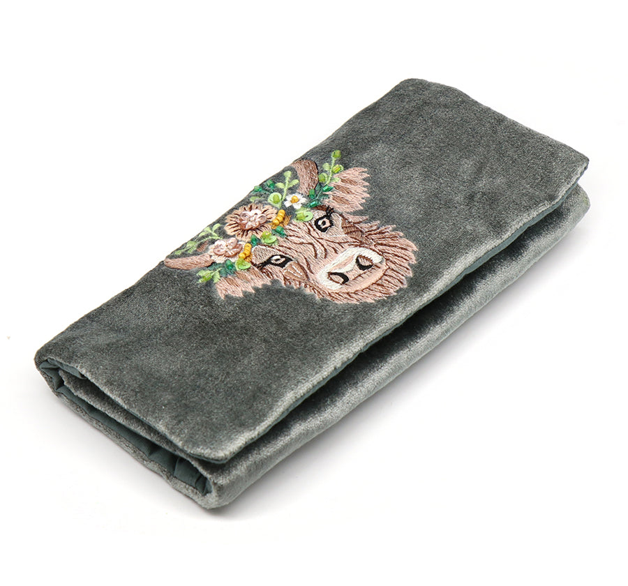 Seafoam Velvet Round Jewellery Roll With Highland Cow In Flower crown