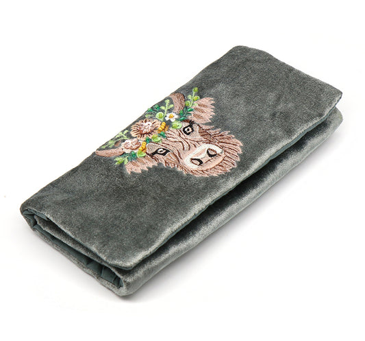 Seafoam Velvet Round Jewellery Roll With Highland Cow In Flower crown