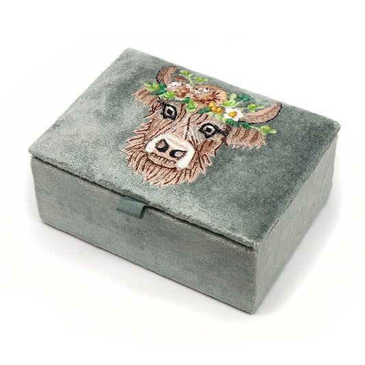 Seafoam Velvet Trinket/Keepsake Box With Highland Cow