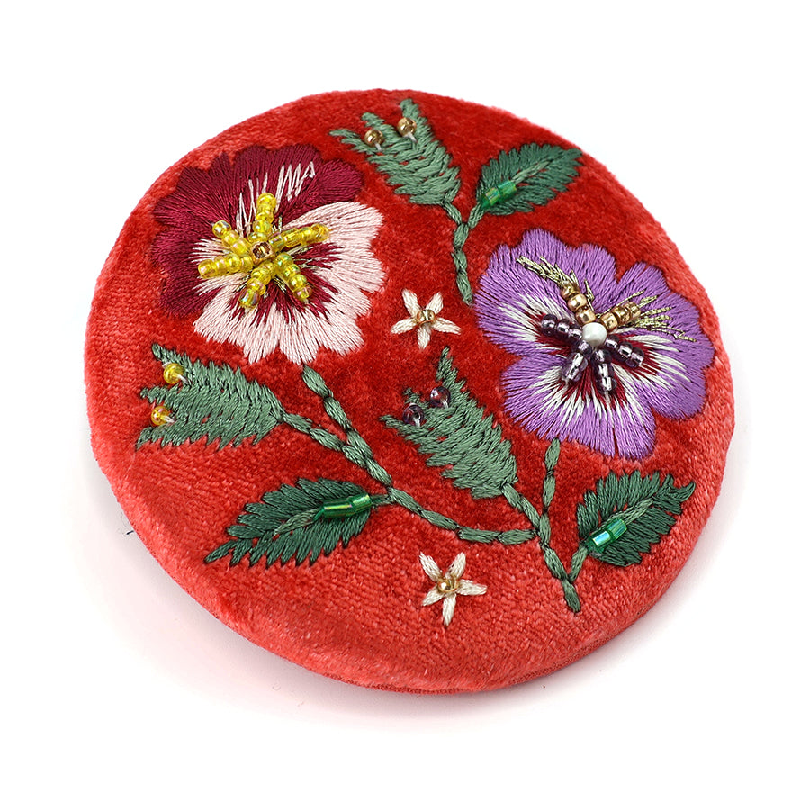 Coral Red Velvet Pansies Embroidered Pocket Compact Mirror