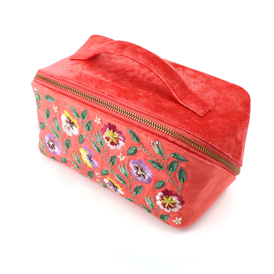 Coral Red Velvet Pansies Embroidered Fold Out Vanity Case