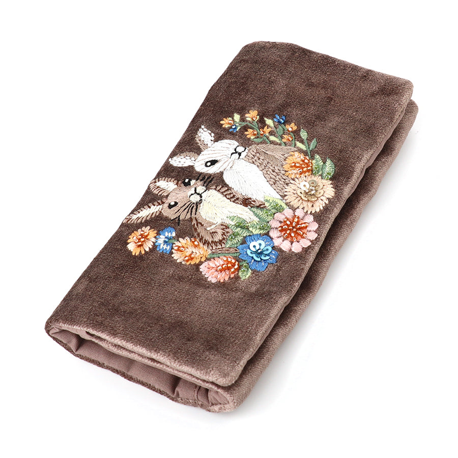 Cocoa Velvet Meadow Bunnies Embroidered Jewellery Roll