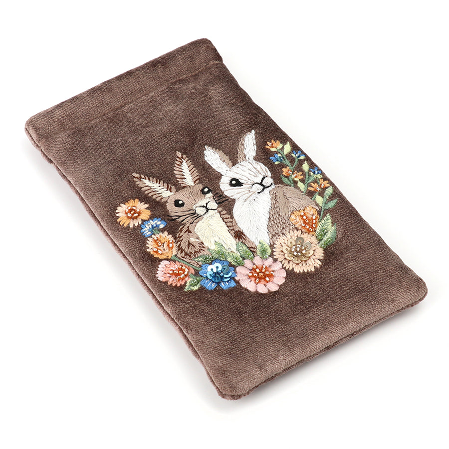 Cocoa Velvet Meadow Bunnies Embroidered Glasses Case