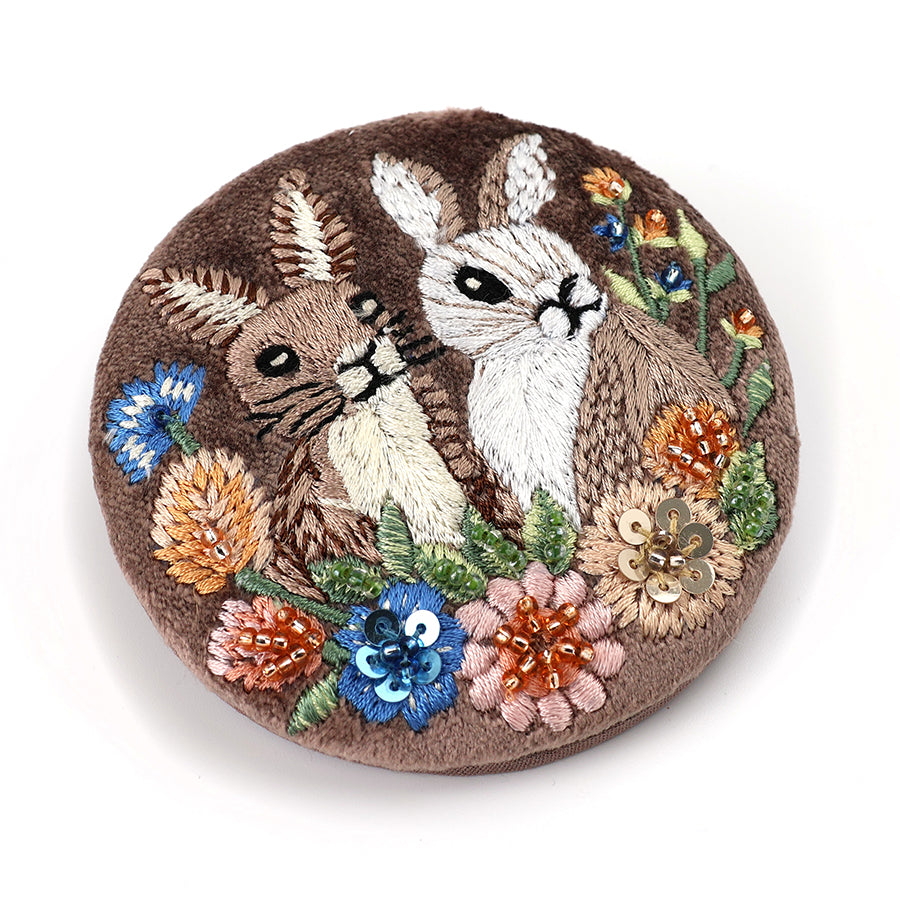 Cocoa Velvet Meadow Bunnies Embroidered Compact Mirror