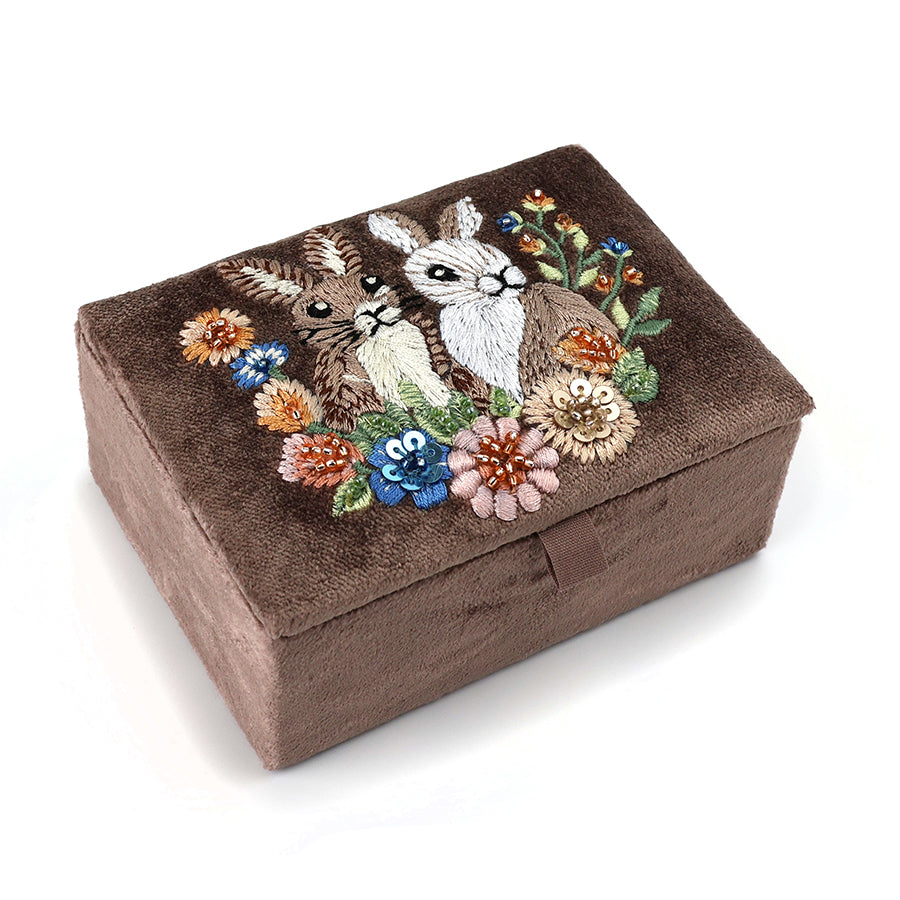 Cocoa Velvet Meadow Bunnies Embroidered Jewellery Box