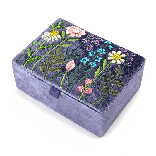 Lilac Blue Velvet Flower Meadow Embroidered Small Jewellery Box
