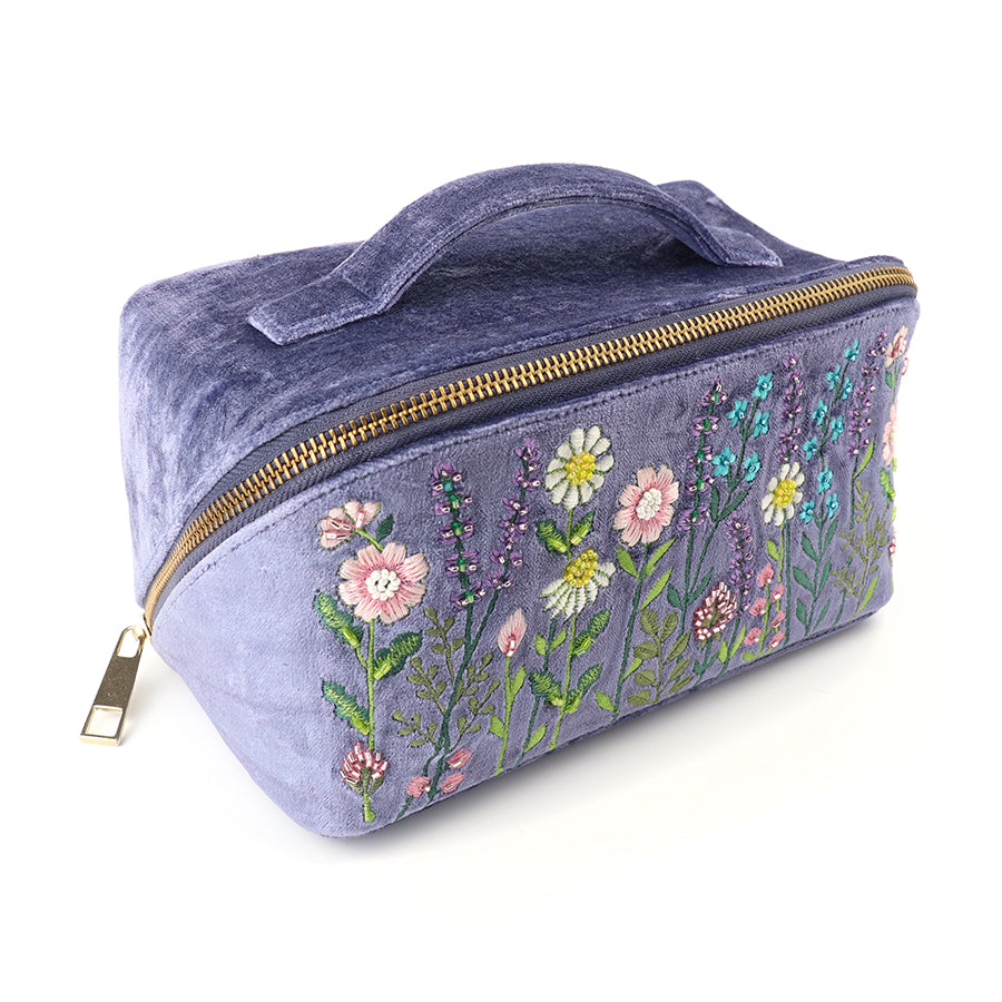 Lilac Blue Velvet Flower Meadow Embroidered Fold Out Vanity Case