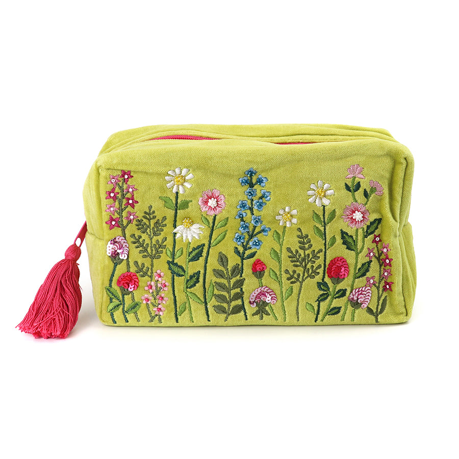 Green Velvet Summer Meadow Embroidered Travel/Make Up Bag
