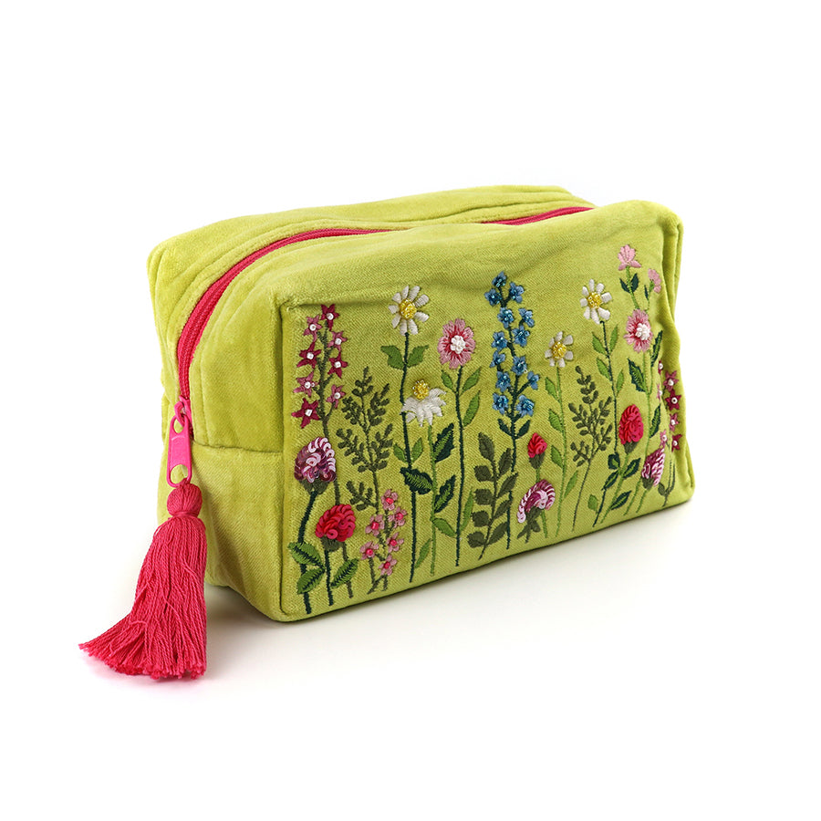 Green Velvet Summer Meadow Embroidered Travel/Make Up Bag