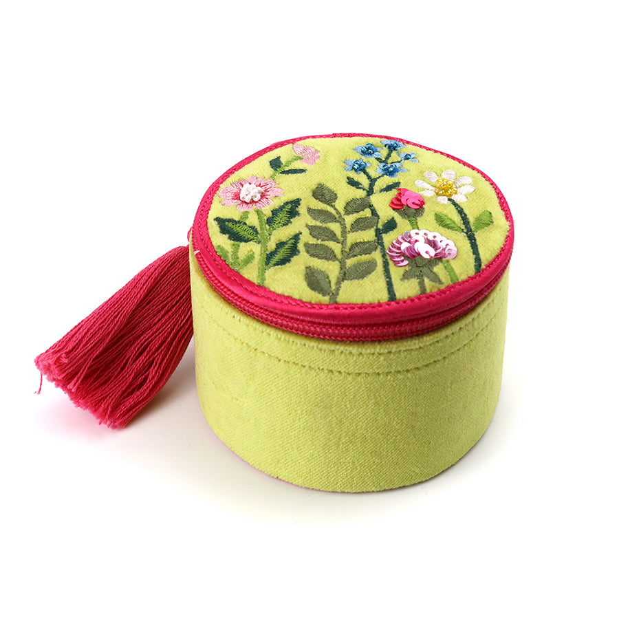 Green Velvet Summer Meadow Embroidered Trinket Box