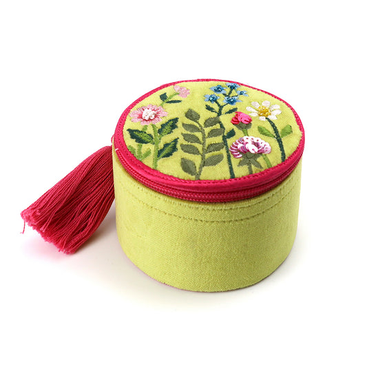 Green Velvet Summer Meadow Embroidered Trinket Box
