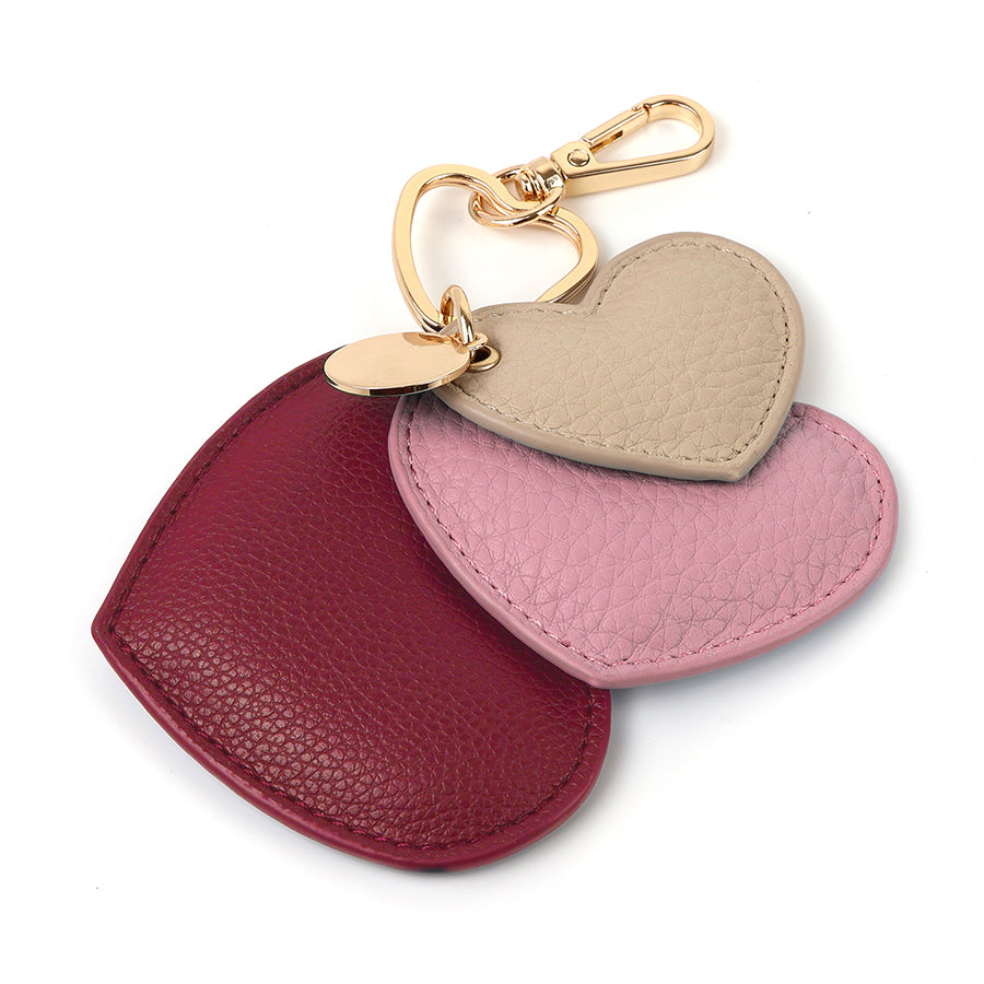 Beige Red Pink Vegan Leather Hearts Keyring