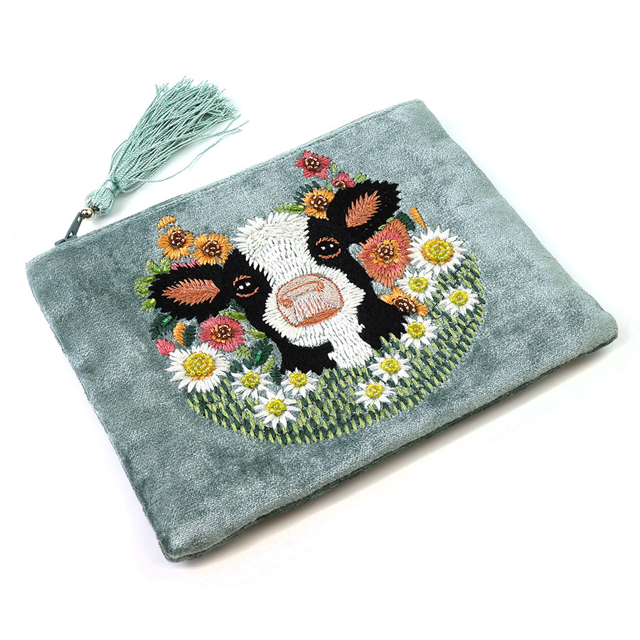 Daisy Cow Velvet Embroidered Meadow & Cow ZIp Purse