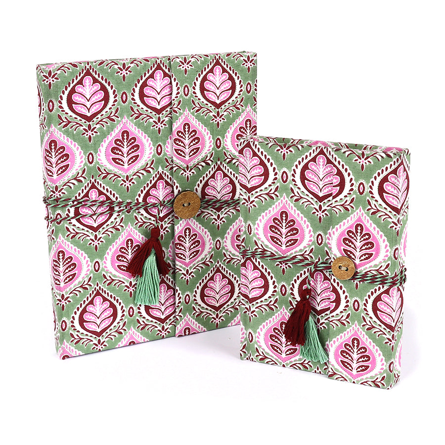 Green and pink block print cotton bound notebook set
