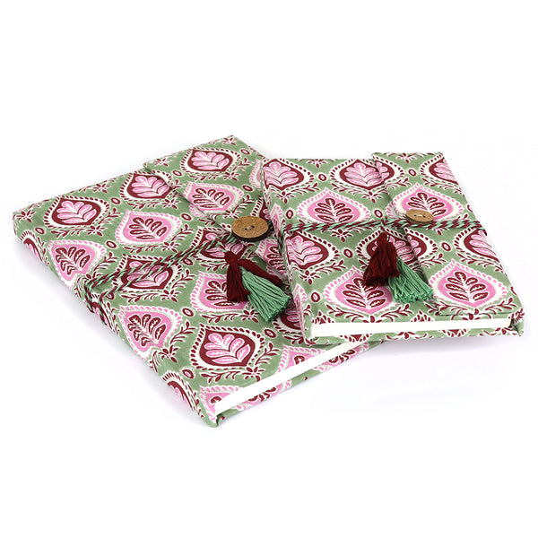 Green and pink block print cotton bound notebook set