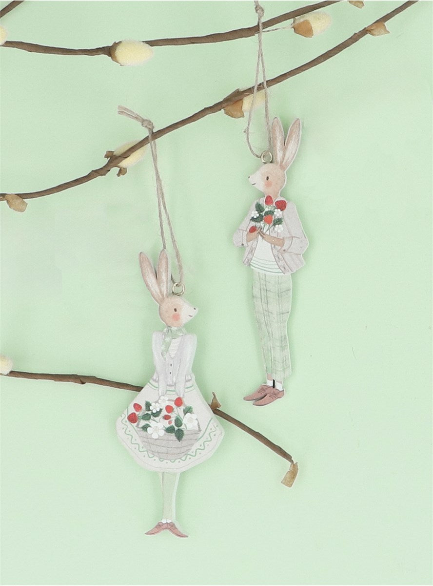 Strawberry Boy & Girl Dressed Bunnies | Set of 2 Wood Decorations