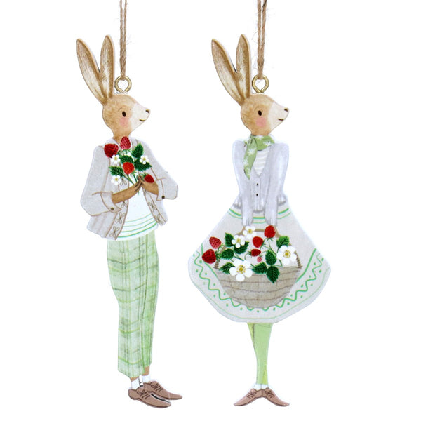 Strawberry Boy & Girl Dressed Bunnies | Set of 2 Wood Decorations