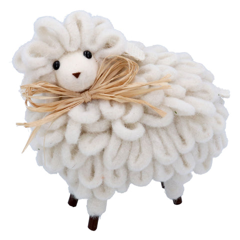 Sheep with Raffia Bow | Wool Ornament | 16cm