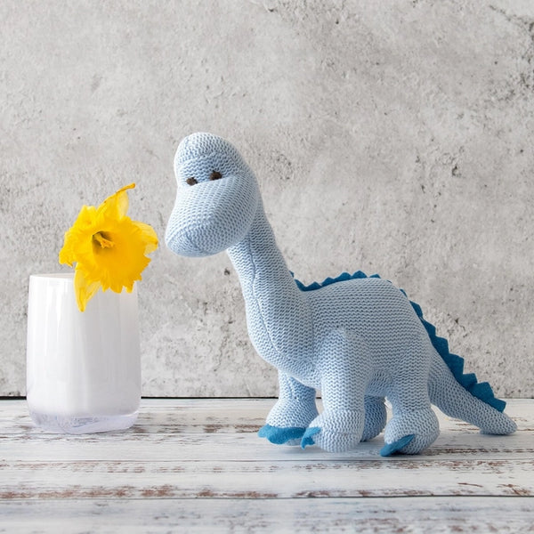 Knitted Organic Cotton  Diplodocus Dinosaur Baby Rattle | Blue