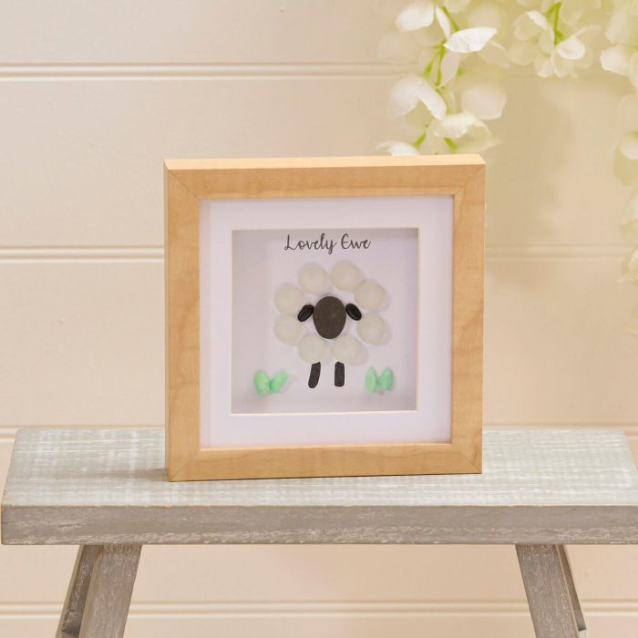 Wood Frame Lovely Ewe With Glass Pebble Sheep
