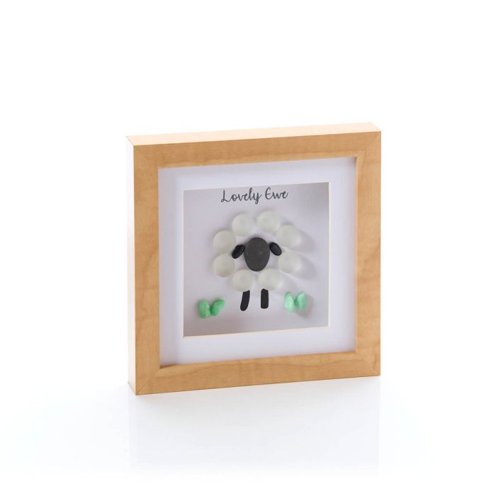 Wood Frame Lovely Ewe With Glass Pebble Sheep