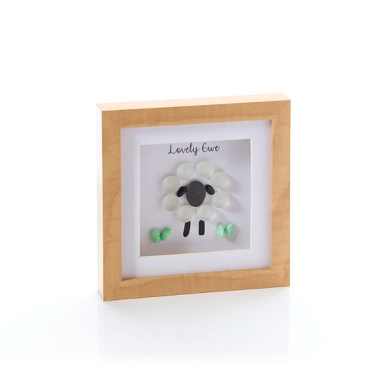 Wood Frame Lovely Ewe With Glass Pebble Sheep