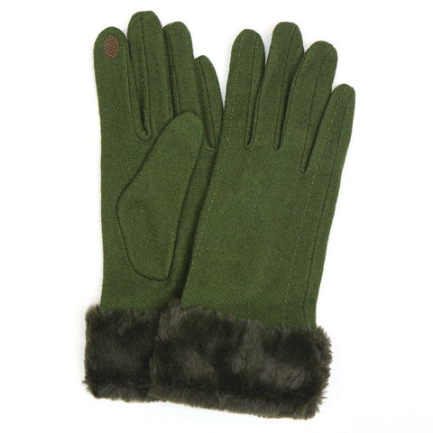 OLIVE GREEN WOOL BLEND GLOVES WITH FAUX FUR CUFF