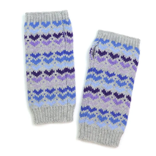 Blue Mix Hearts/Grey Wool Blend Wrist Warmers