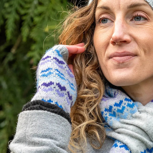 Blue Mix Hearts/Grey Wool Blend Wrist Warmers