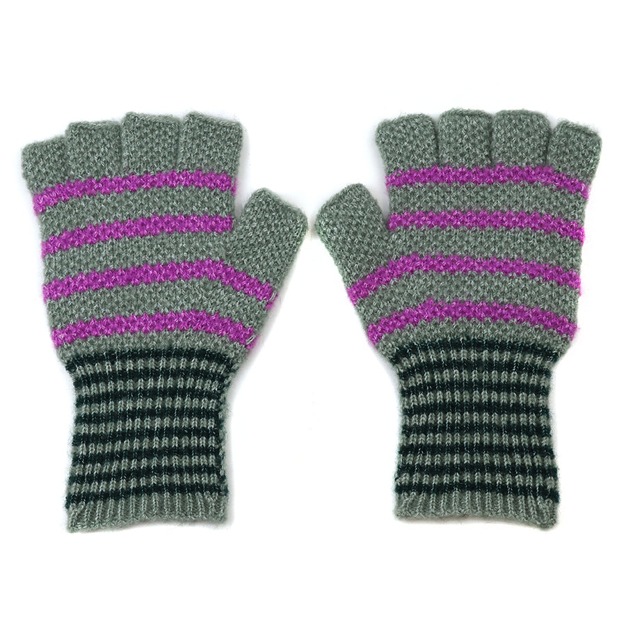 Sage Green & Purple Stripe Fingerless Gloves