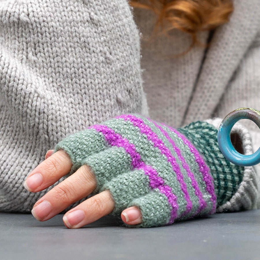 Sage Green & Purple Stripe Fingerless Gloves