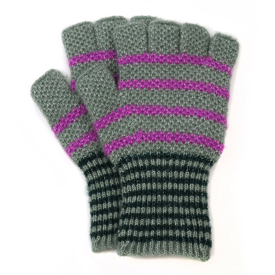 Sage Green & Purple Stripe Fingerless Gloves
