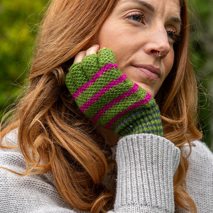 Olive Green & Pink Stripe Fingerless Gloves