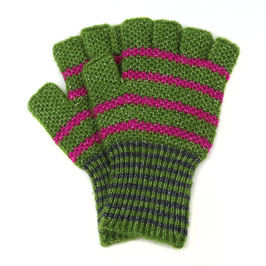 Olive Green & Pink Stripe Fingerless Gloves
