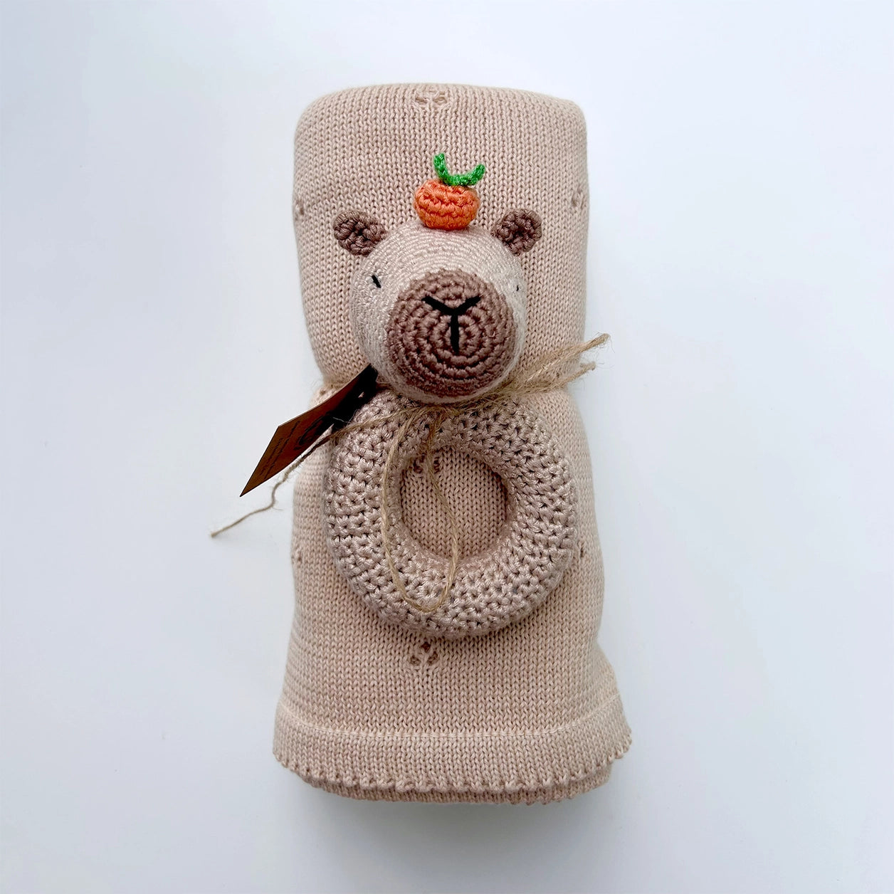 Organic Knit Baby Blanket | Beige | Cloverleaf Eyelet
