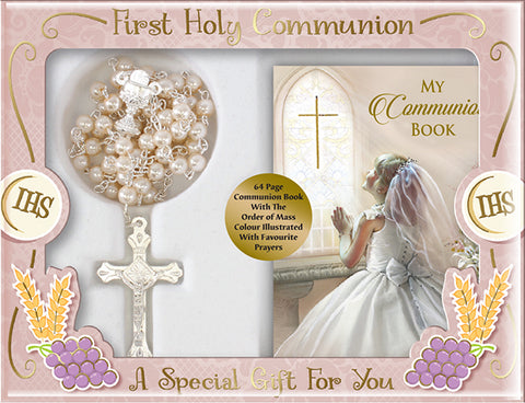 Communion Gift Set | Imitation Pearl Rosary & Prayer Book | Girl