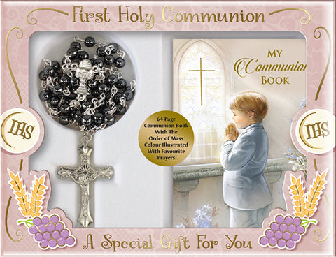 Communion Gift Set | Imitation Hematite Rosary &  Prayer Book | Boy