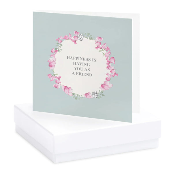 Crumble & Core | Vintage Sentiments Boxed Silver Earring Card | Happiness Is Having You As A Friend