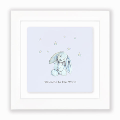 Crumble & Core | Ceramic Framed Tile | Blue Bunny Welcome To The World Design