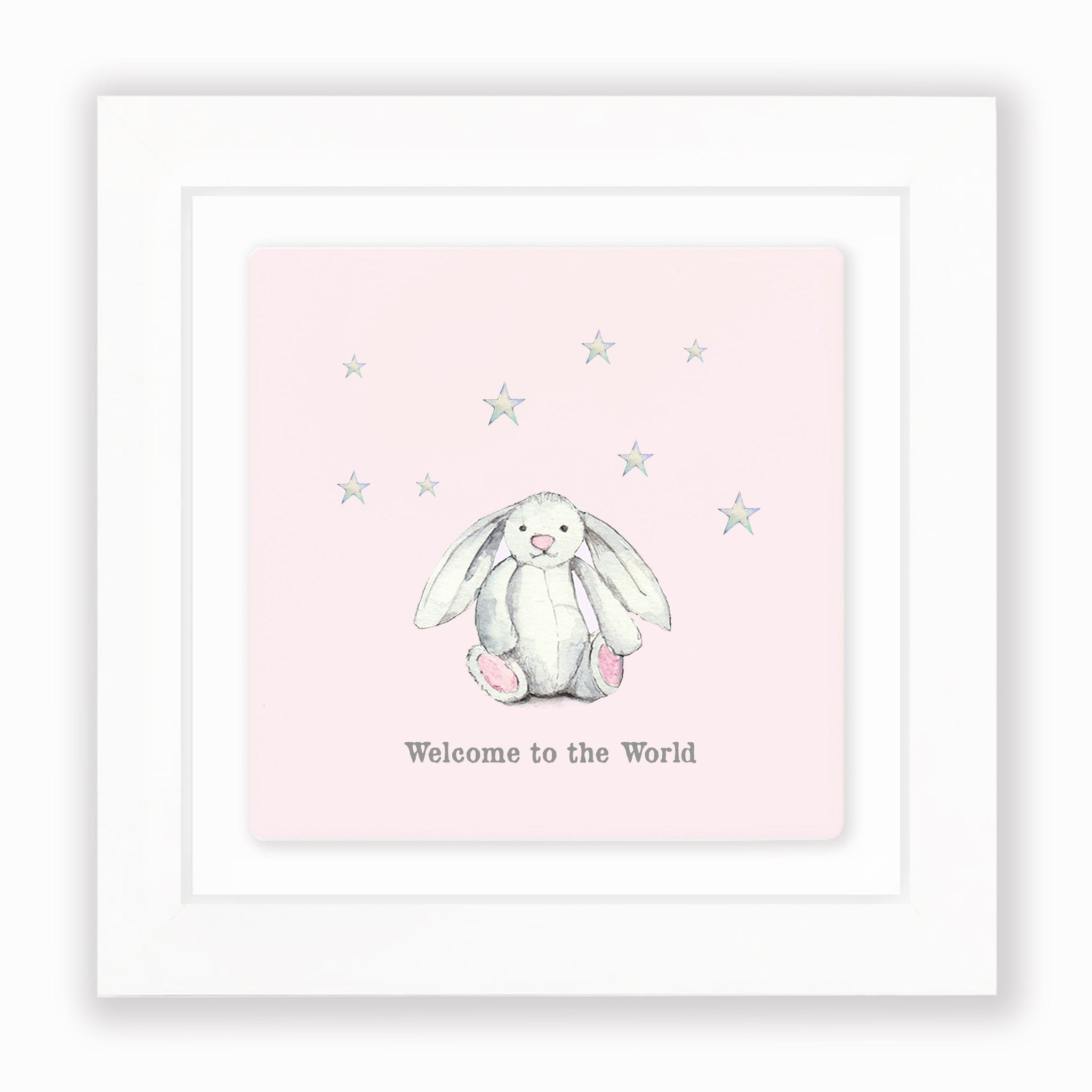 Crumble & Core | Ceramic Framed Tile | Pink Bunny Welcome To The World Design