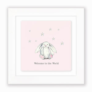 Crumble & Core | Ceramic Framed Tile | Pink Bunny Welcome To The World Design