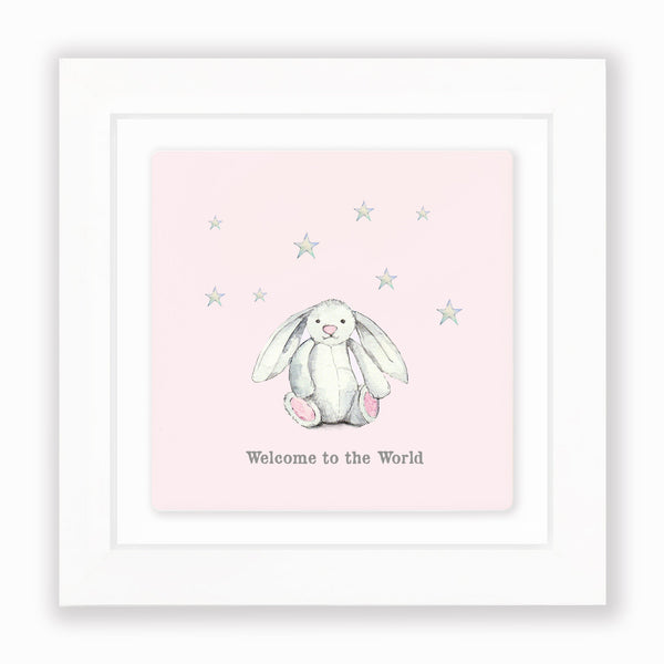 Crumble & Core | Ceramic Framed Tile | Pink Bunny Welcome To The World Design