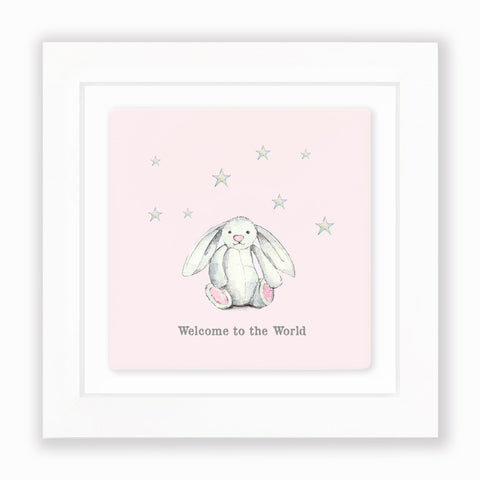 Crumble & Core | Ceramic Framed Tile | Pink Bunny Welcome To The World Design
