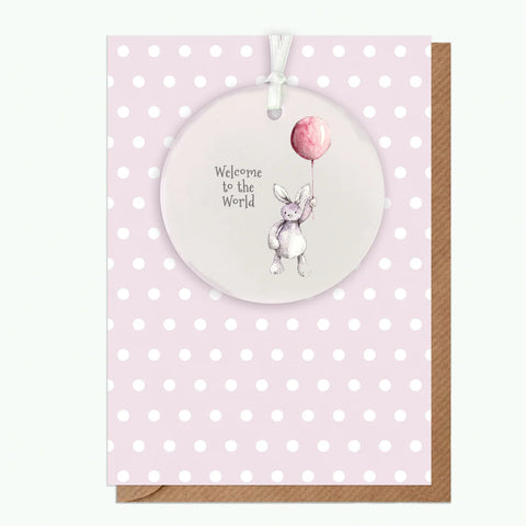 Crumble & Core | A6 Greeting Card with Ceramic Keepsake | Baby Girl Teddy and Balloon