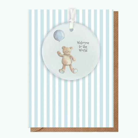 Crumble & Core | A6 Greeting Card with Ceramic Keepsake | Baby Boy Teddy and Balloon