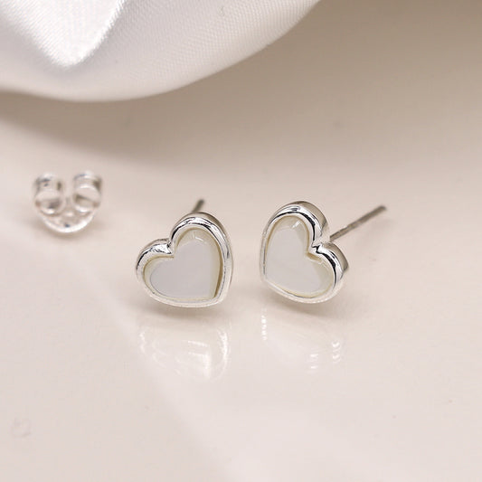 Sterling Silver White Mother Of Pearl Heart Studs