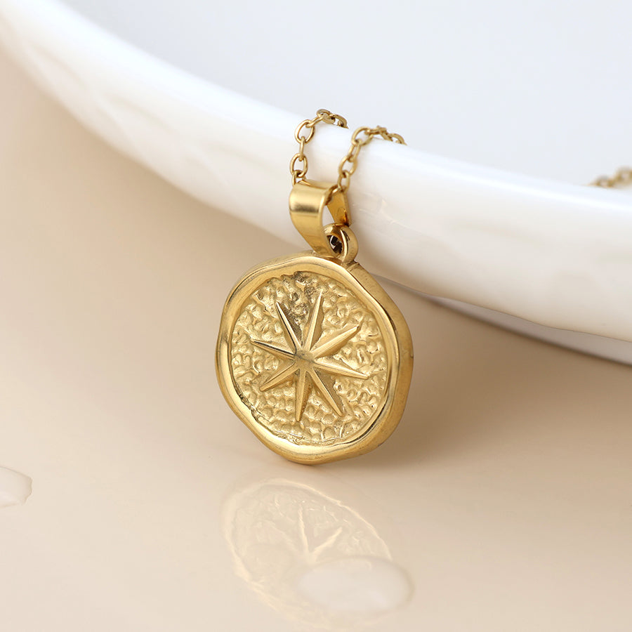 Gold Plated Stainless Steel Compass Pendant Necklace