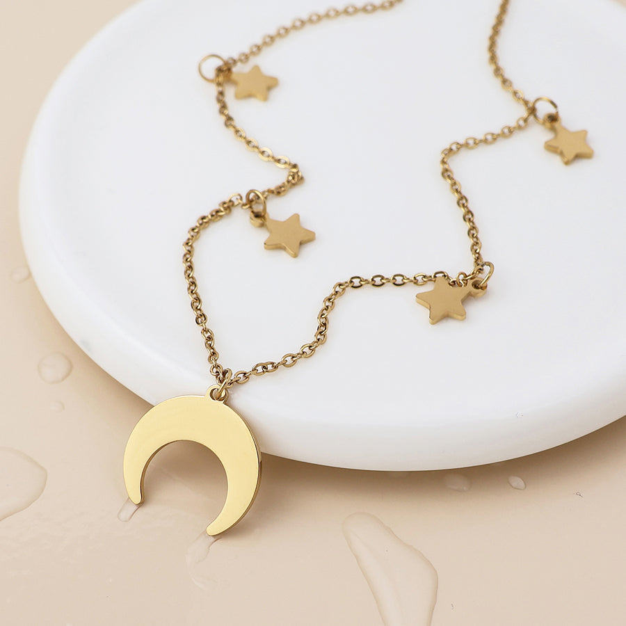 Gold Plated Stainless Steel Crescent Moon & Stars Necklace