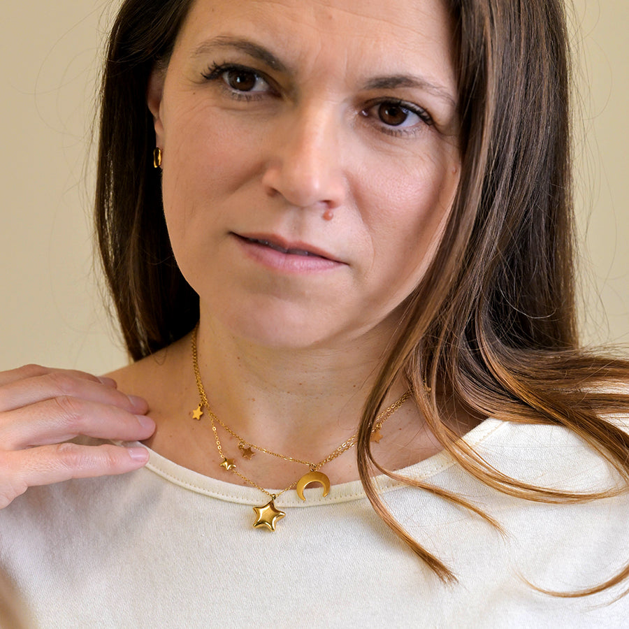 Gold Plated Stainless Steel Crescent Moon & Stars Necklace